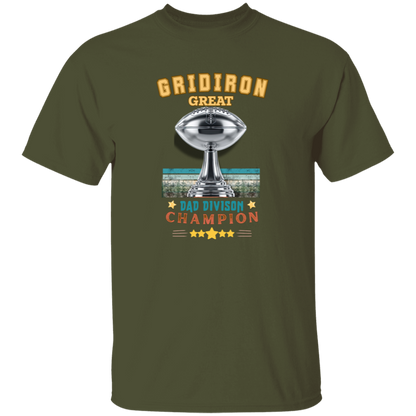 Military Green t-shirt with 'Gridiron Great Dad Division Champion' design on a gray and black checkerboard background.