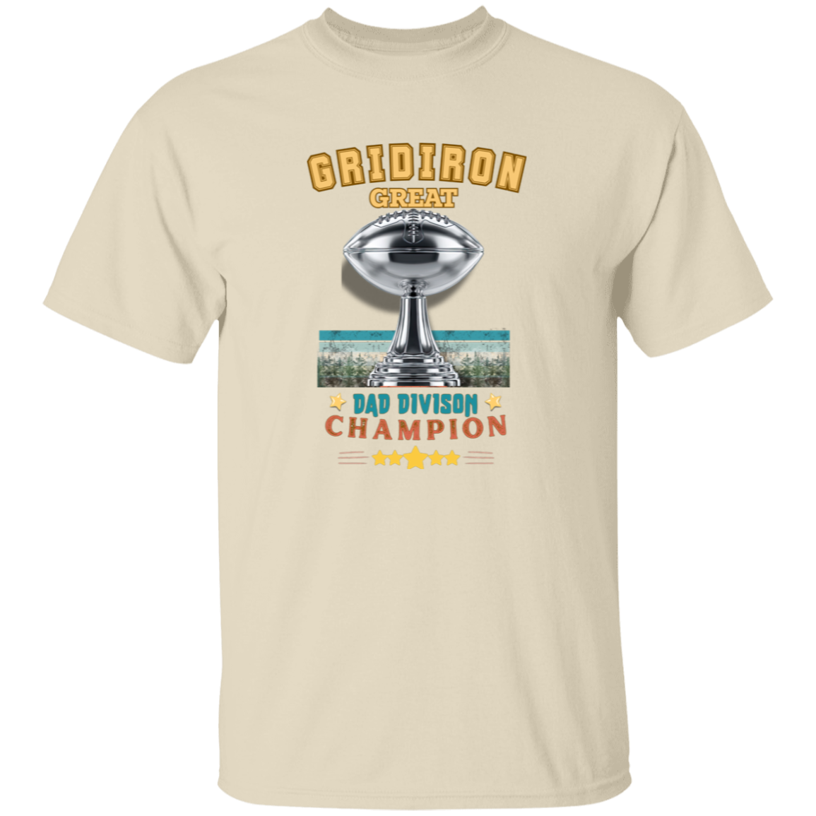Natural color t-shirt with 'Gridiron Great Dad Division Champion' design on a gray and black checkerboard background.