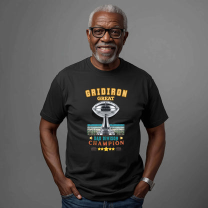 AI Generated African American man wearing a black t-shirt with 'Gridiron Great Dad Division Champion' design on a gray background.