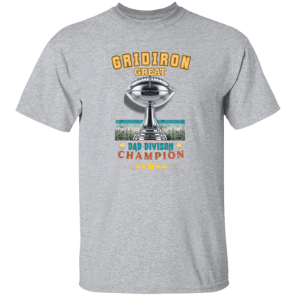 Sport Grey  t-shirt with 'Gridiron Great Dad Division Champion' design on a gray background.