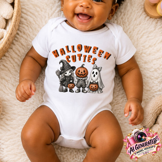 A baby wearing a white short-sleeve bodysuit with a colorful 'Halloween Cuties' graphic featuring cartoon pumpkins, a witch, a pumpkin-faced cat, a ghost, and a ghost cat. The baby is lying on a soft beige blanket.