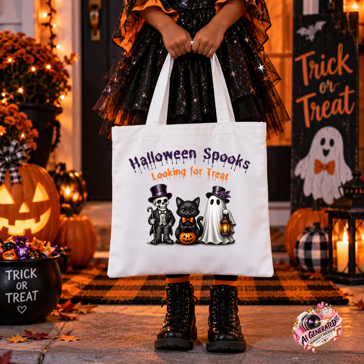 A person in a black and orange Halloween costume holds a white canvas tote bag printed with the text 'Halloween Spooks Looking For Treat' and cartoon illustrations of a skeleton in a top hat, a black cat in a bow tie, and a ghost holding a pumpkin lantern. The scene is set in a decorated front yard with pumpkins, a jack-o'-lantern, a lantern, and a 'Trick or Treat' sign.