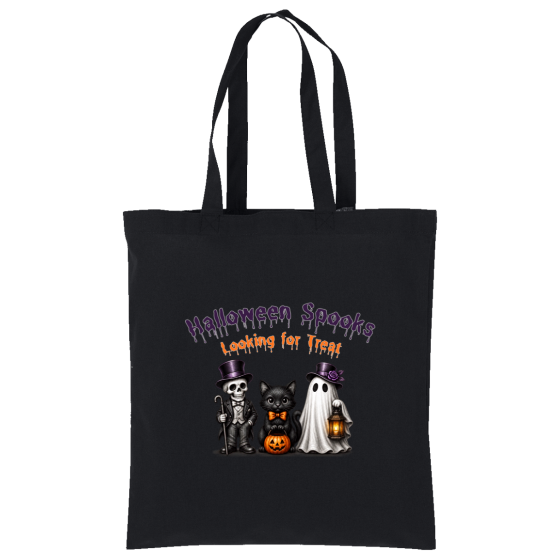 A black canvas tote bag with two shoulder straps, featuring a Halloween-themed graphic print on the front. The graphic reads 'Halloween Spooks Looking for Treats' in purple and orange dripping text above three cute cartoon characters: a skeleton in a top hat, a black cat in a bow tie holding a pumpkin, and a white ghost holding a lantern on a transparent background