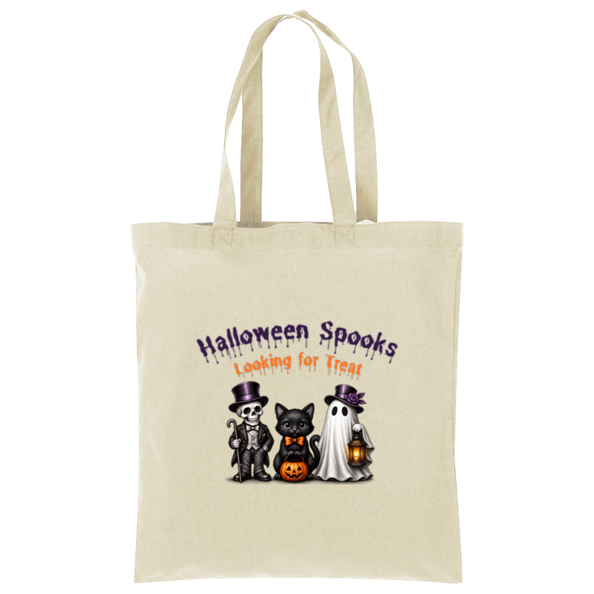 A natural canvas tote bag with two shoulder straps, featuring a Halloween-themed graphic print on the front. The graphic reads 'Halloween Spooks Looking for Treats' in purple and orange dripping text above three cute cartoon characters: a skeleton in a top hat, a black cat in a bow tie holding a pumpkin, and a white ghost holding a lantern on a transparent background