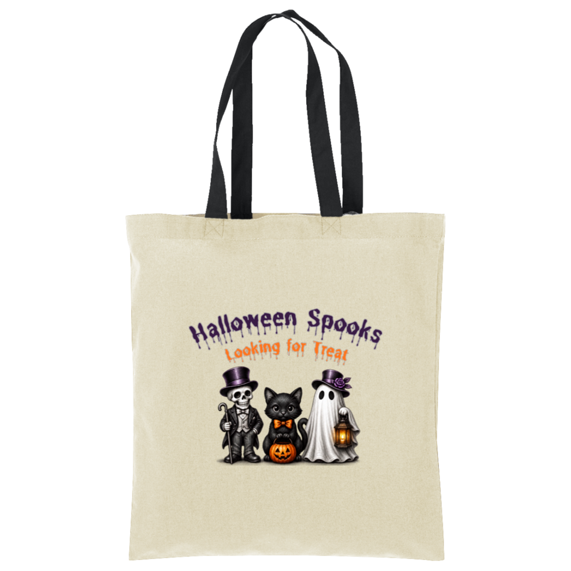 A natural with black straps canvas tote bag with two shoulder straps, featuring a Halloween-themed graphic print on the front. The graphic reads 'Halloween Spooks Looking for Treats' in purple and orange dripping text above three cute cartoon characters: a skeleton in a top hat, a black cat in a bow tie holding a pumpkin, and a white ghost holding a lantern on a transparent background