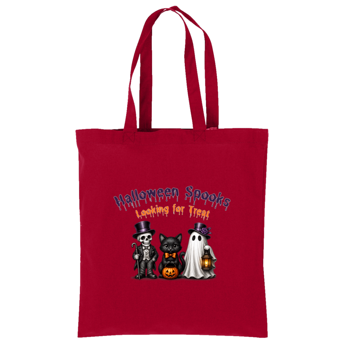 A red canvas tote bag with two shoulder straps, featuring a Halloween-themed graphic print on the front. The graphic reads 'Halloween Spooks Looking for Treats' in purple and orange dripping text above three cute cartoon characters: a skeleton in a top hat, a black cat in a bow tie holding a pumpkin, and a white ghost holding a lantern on a transparent background