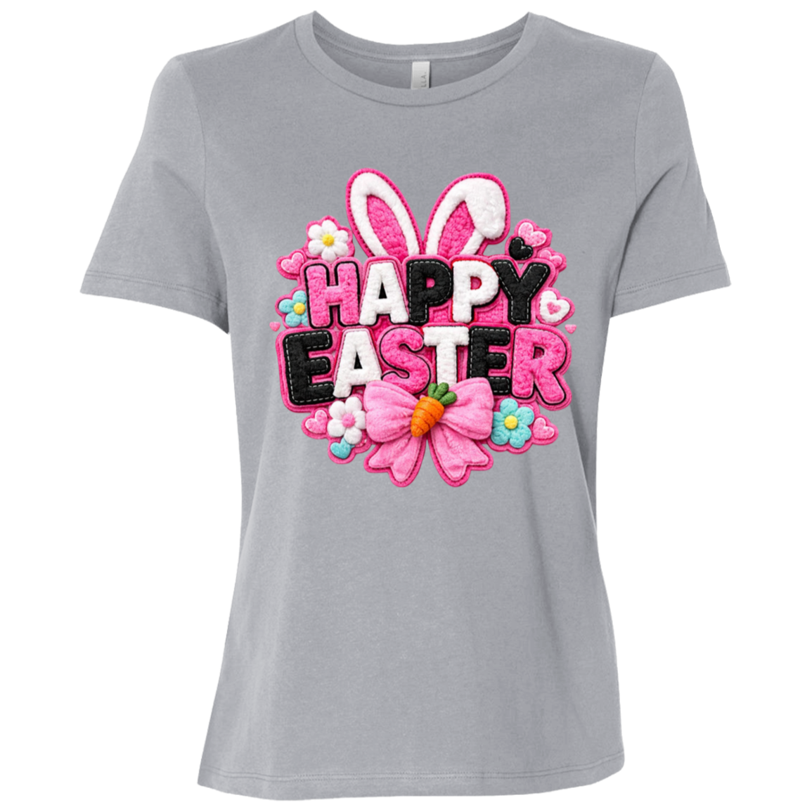 Athletic Grey Happy Easter Toddler Shirt with letters in pink, black and white with bunny ears and a pink bow on a transparent background