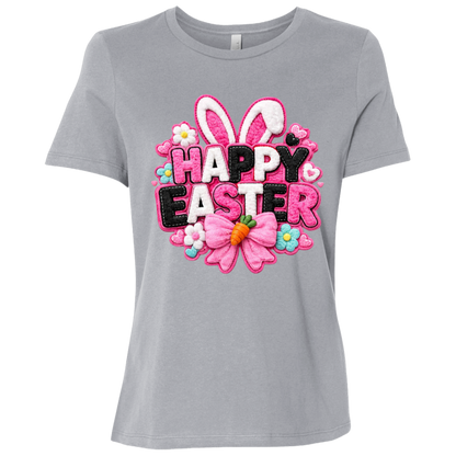 Athletic Grey Happy Easter Toddler Shirt with letters in pink, black and white with bunny ears and a pink bow on a transparent background