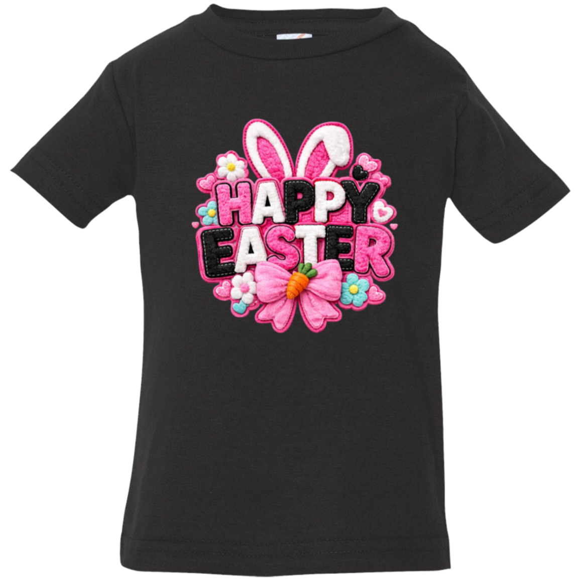 Black Happy Easter Toddler Shirt with bunny ears and a pink bow on a white toddler shirt on a transparent background