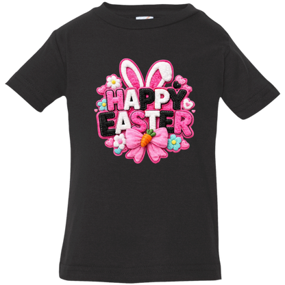 Black Happy Easter Toddler Shirt with bunny ears and a pink bow on a white toddler shirt on a transparent background