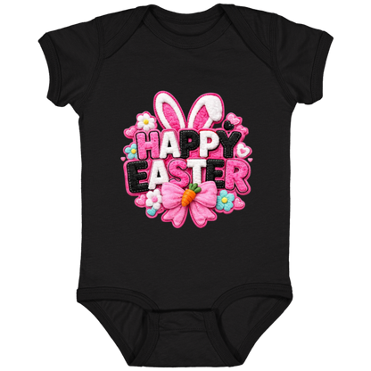 Happy Easter with bunny ears and a pink bow on a black onesie on a transparent background