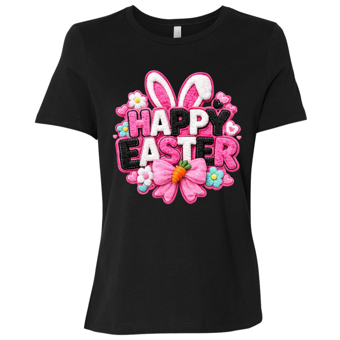 Black Happy Easter Toddler Shirt with letters in pink, black and white with bunny ears and a pink bow on a transparent background