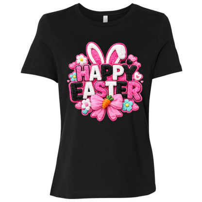 Black Happy Easter Toddler Shirt with letters in pink, black and white with bunny ears and a pink bow on a transparent background