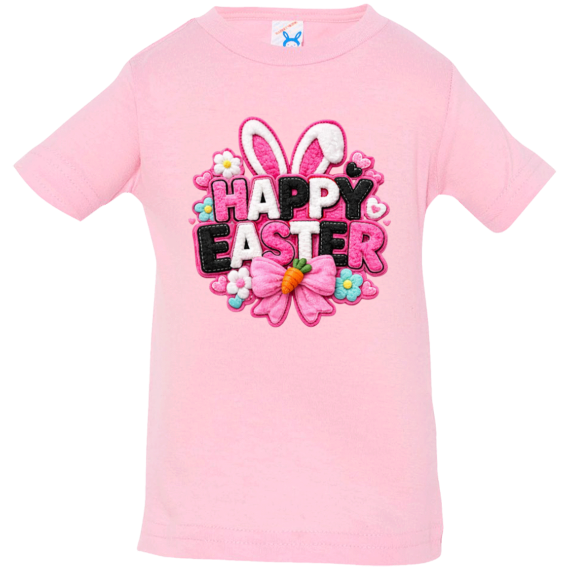 Pink Happy Easter Toddler Shirt with bunny ears and a pink bow on a white toddler shirt on a transparent background