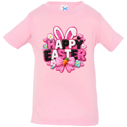 Pink Happy Easter Toddler Shirt with bunny ears and a pink bow on a white toddler shirt on a transparent background