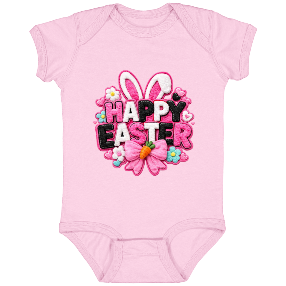 Pink Happy Easter Onesie with bunny ears and a pink bow on a black onesie on a transparent background