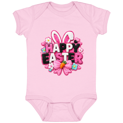 Pink Happy Easter Onesie with bunny ears and a pink bow on a black onesie on a transparent background