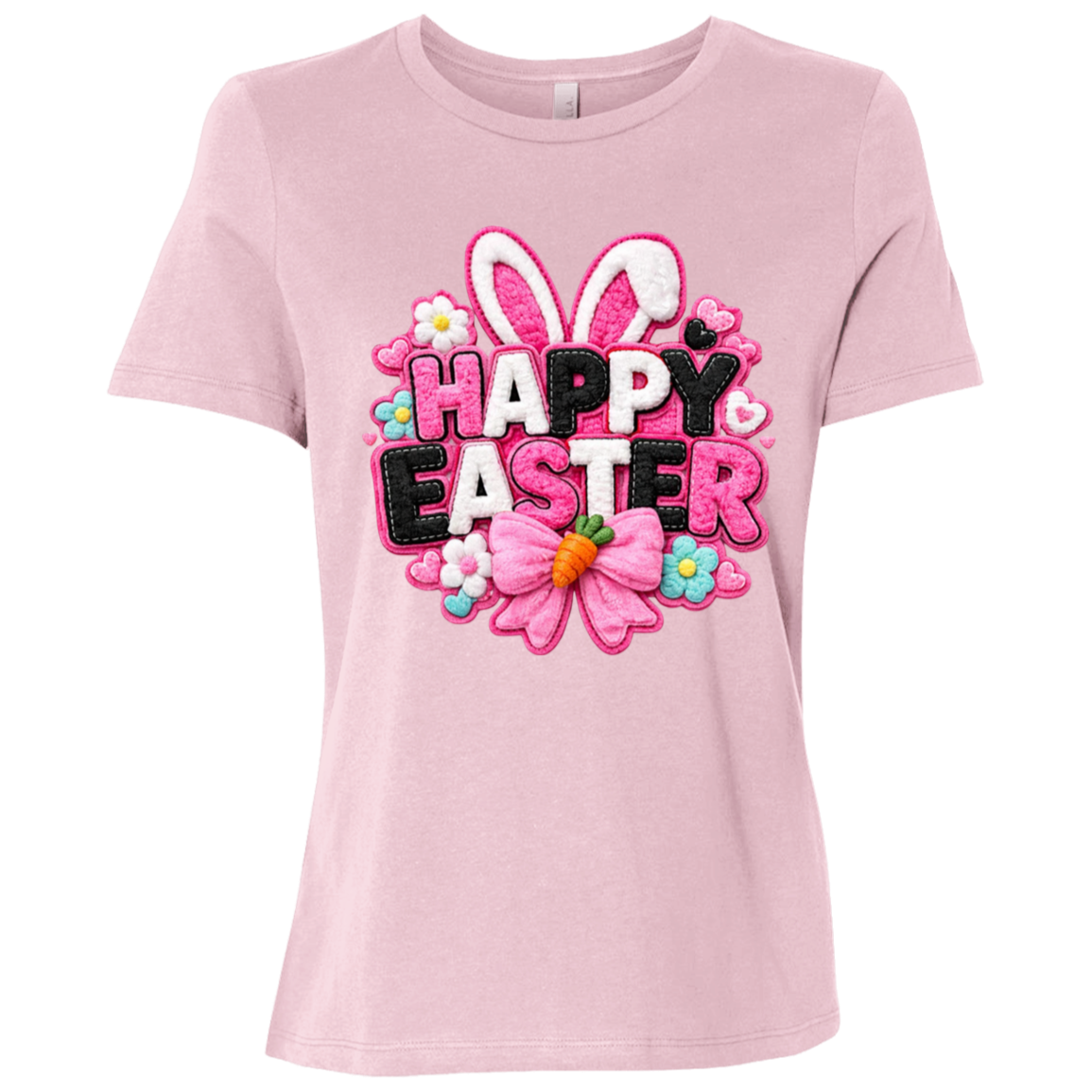 Pink Happy Easter T-Shirt with letters in pink, black and white with bunny ears and a pink bow on a transparent background