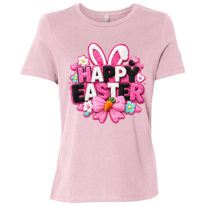 Pink Happy Easter T-Shirt with letters in pink, black and white with bunny ears and a pink bow on a transparent background