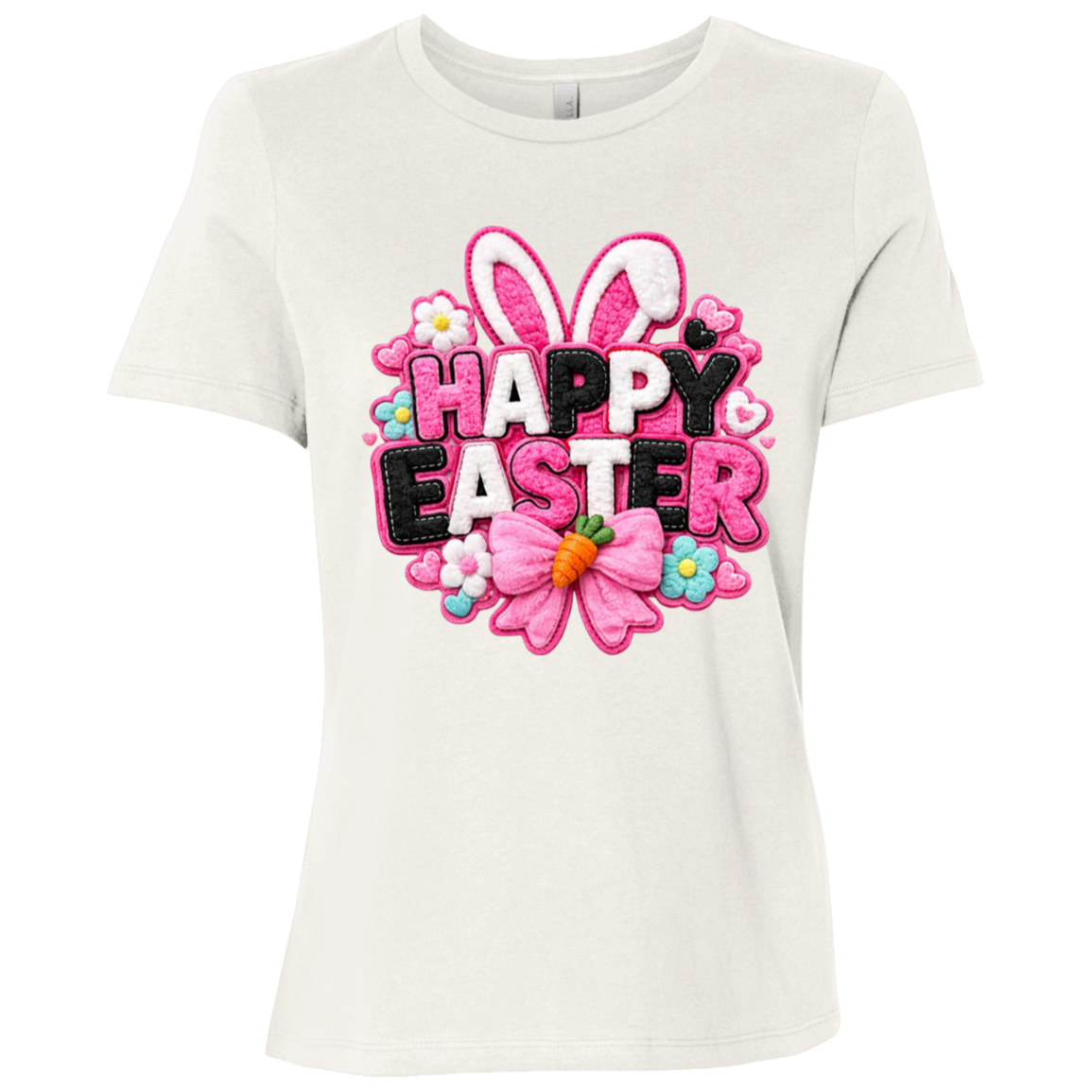 Vintage White Happy Easter Toddler Shirt with letters in pink, black and white with bunny ears and a pink bow on a transparent background