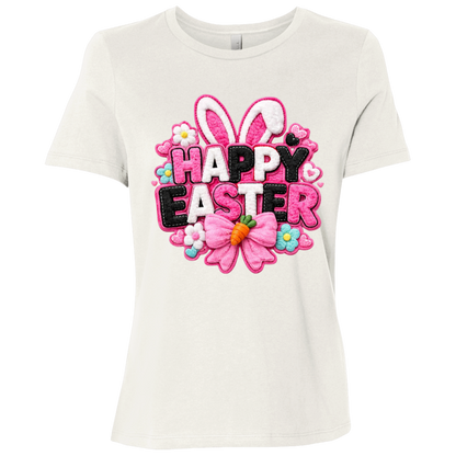 Vintage White Happy Easter Toddler Shirt with letters in pink, black and white with bunny ears and a pink bow on a transparent background
