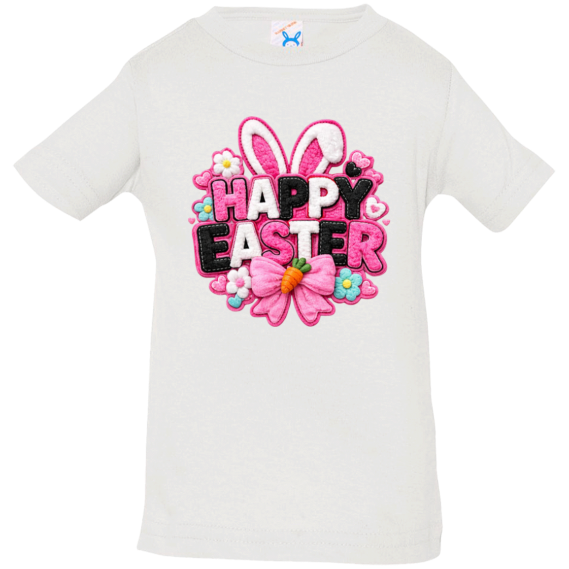 Happy Easter with bunny ears and a pink bow on a white toddler shirt on a transparent background