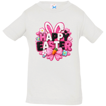 Happy Easter with bunny ears and a pink bow on a white toddler shirt on a transparent background