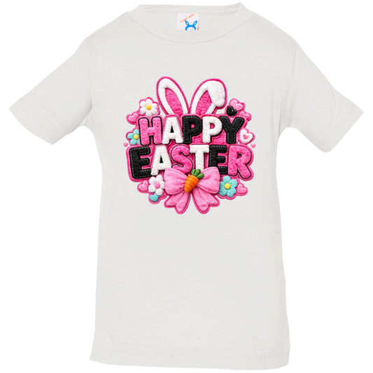 White Happy Easter Toddler Shirt with letters in pink, black and white with bunny ears and a pink bow on a transparent background