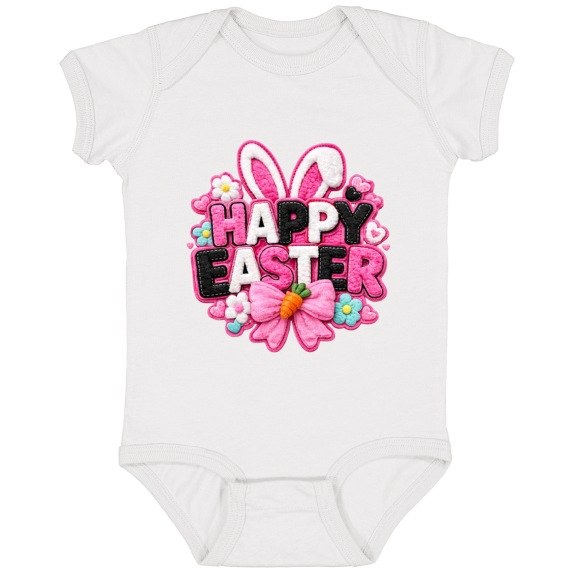 White Happy Easter Onesie with bunny ears and a pink bow on a black onesie on a transparent background