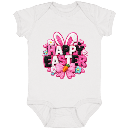 White Happy Easter Onesie with bunny ears and a pink bow on a black onesie on a transparent background