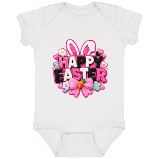 White Happy Easter Onesie with bunny ears and a pink bow on a black onesie on a transparent background