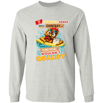 Ash long sleeve shirt with a graphic design and text with a colorful graphic and text featuring a wide-eyed pool-floating chicken desperately searching for common sense on a transparent background