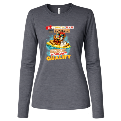 Deep Heather long sleeve shirt with a graphic design and text with a colorful graphic and text featuring a wide-eyed pool-floating chicken desperately searching for common sense on a transparent background