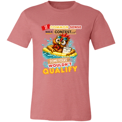 Heather Mauve t-shirt with a colorful graphic and text featuring a wide-eyed pool-floating chicken desperately searching for common sense on a transparent background