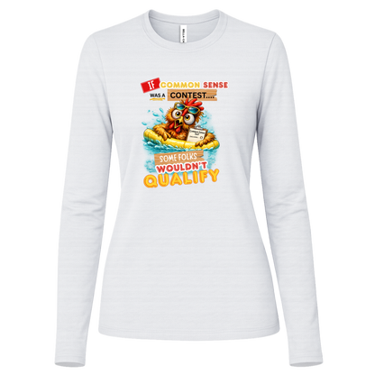 White long sleeve shirt with a graphic design and text with a colorful graphic and text featuring a wide-eyed pool-floating chicken desperately searching for common sense on a transparent background