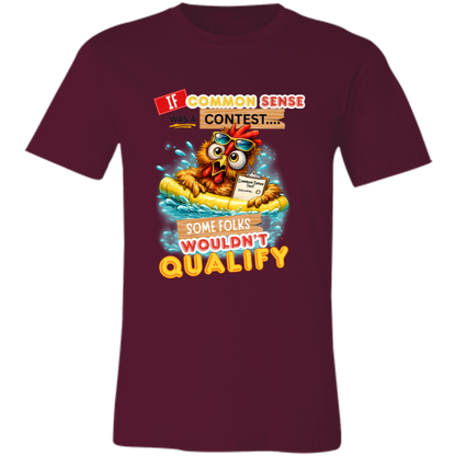 Maroon t-shirt with a colorful graphic and text featuring a wide-eyed pool-floating chicken desperately searching for common sense on a transparent background
