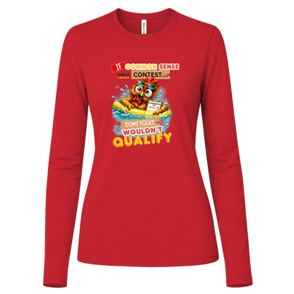 Red long sleeve shirt with a graphic design and text with a colorful graphic and text featuring a wide-eyed pool-floating chicken desperately searching for common sense on a transparent background
