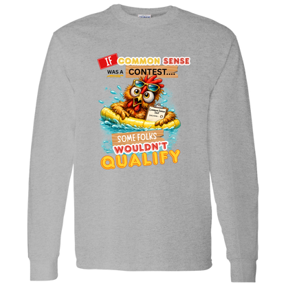 Sport Grey long sleeve shirt with a graphic design and text with a colorful graphic and text featuring a wide-eyed pool-floating chicken desperately searching for common sense on a transparent background