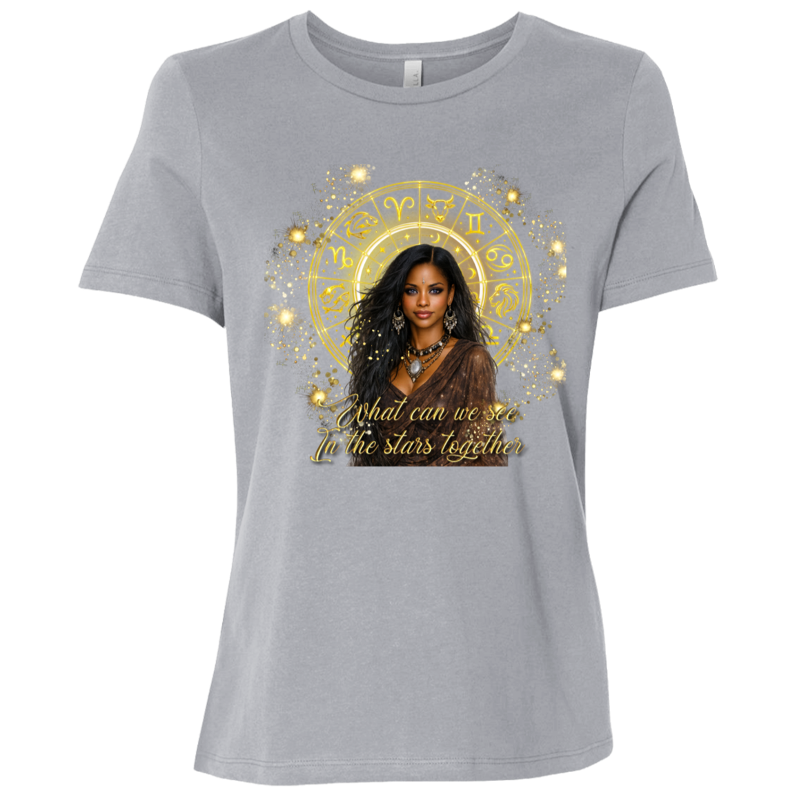 Athletic Grey celestial-inspired t-shirt featuring a radiant zodiac wheel, cosmic gold accents, and the enchanting phrase: 'What can we see in the stars together' standing in front of a colorful mural with different sayings.