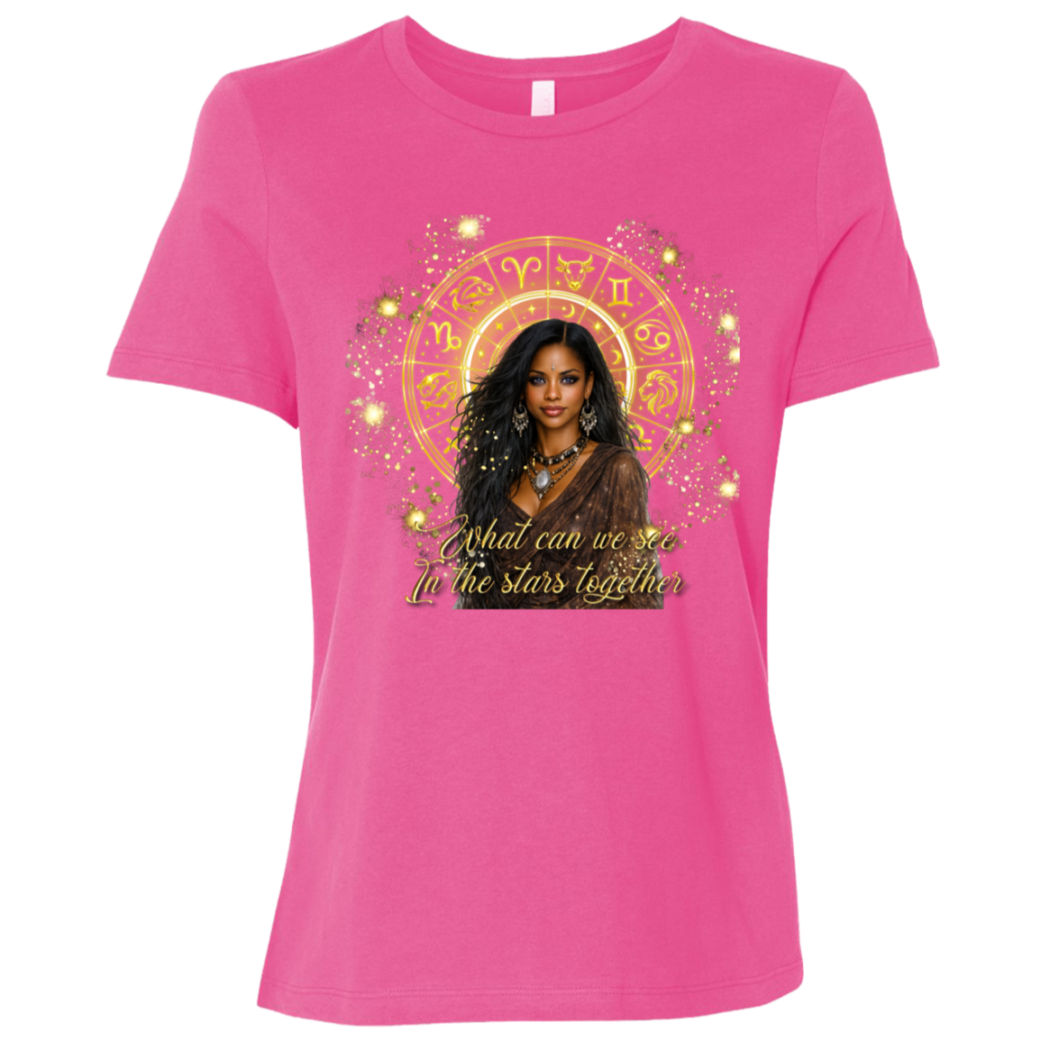 Berry celestial-inspired t-shirt featuring a radiant zodiac wheel, cosmic gold accents, and the enchanting phrase: 'What can we see in the stars together' standing in front of a colorful mural with different sayings.
