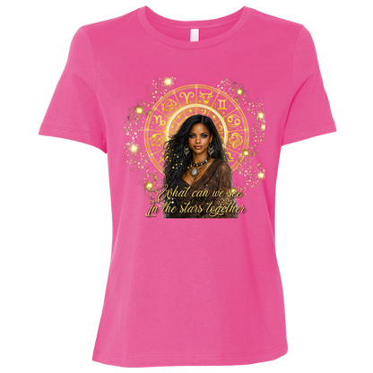 Berry celestial-inspired t-shirt featuring a radiant zodiac wheel, cosmic gold accents, and the enchanting phrase: 'What can we see in the stars together' standing in front of a colorful mural with different sayings.