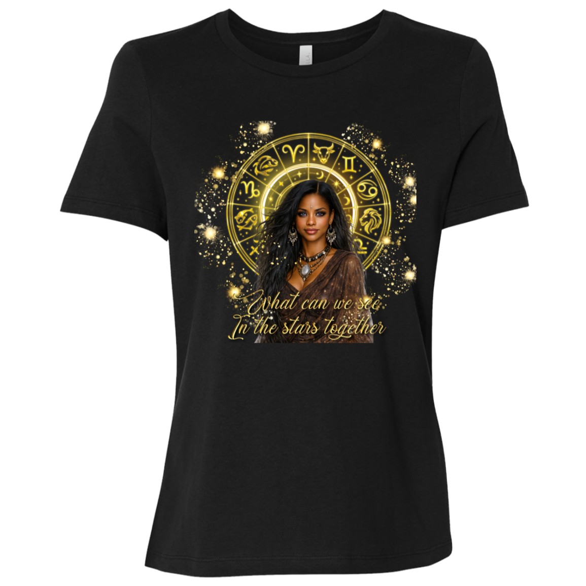 Black celestial-inspired t-shirt featuring a radiant zodiac wheel, cosmic gold accents, and the enchanting phrase: 'What can we see in the stars together' standing in front of a colorful mural with different sayings.