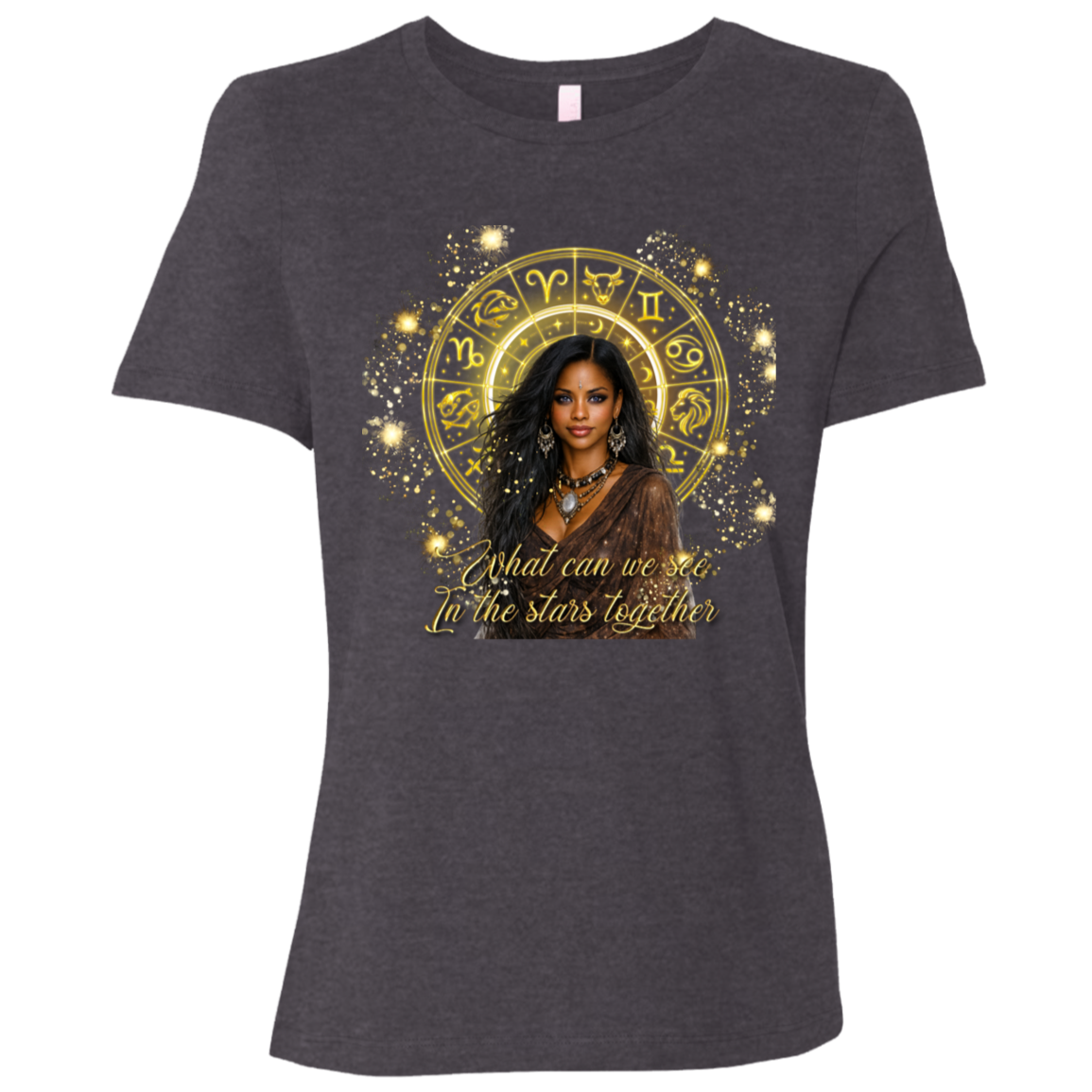 Dark Heather Grey celestial-inspired t-shirt featuring a radiant zodiac wheel, cosmic gold accents, and the enchanting phrase: 'What can we see in the stars together' standing in front of a colorful mural with different sayings.
