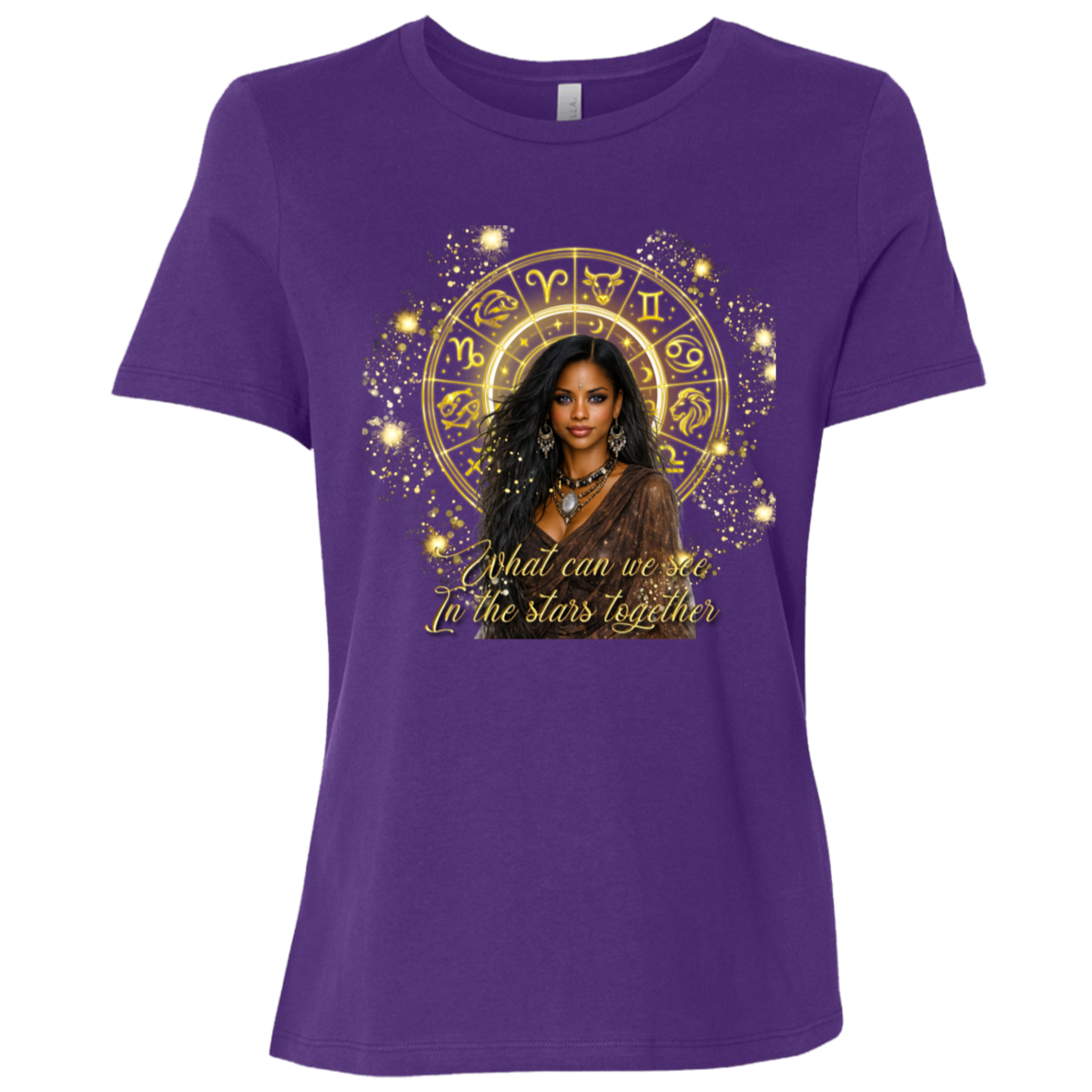 Team Purple celestial-inspired t-shirt featuring a radiant zodiac wheel, cosmic gold accents, and the enchanting phrase: 'What can we see in the stars together' standing in front of a colorful mural with different sayings.