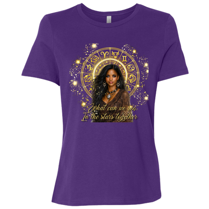 Team Purple celestial-inspired t-shirt featuring a radiant zodiac wheel, cosmic gold accents, and the enchanting phrase: 'What can we see in the stars together' standing in front of a colorful mural with different sayings.