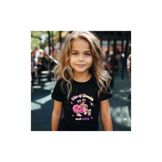 AI Generated young girl wearing a black t-shirt 'Kiss of Sparkle and Love' design featuring an adorable little girl sharing a sweet kiss with her precious puppy companion, surrounded by shimmering stars and dressed in playful pink and purple hues, in an outdoor setting