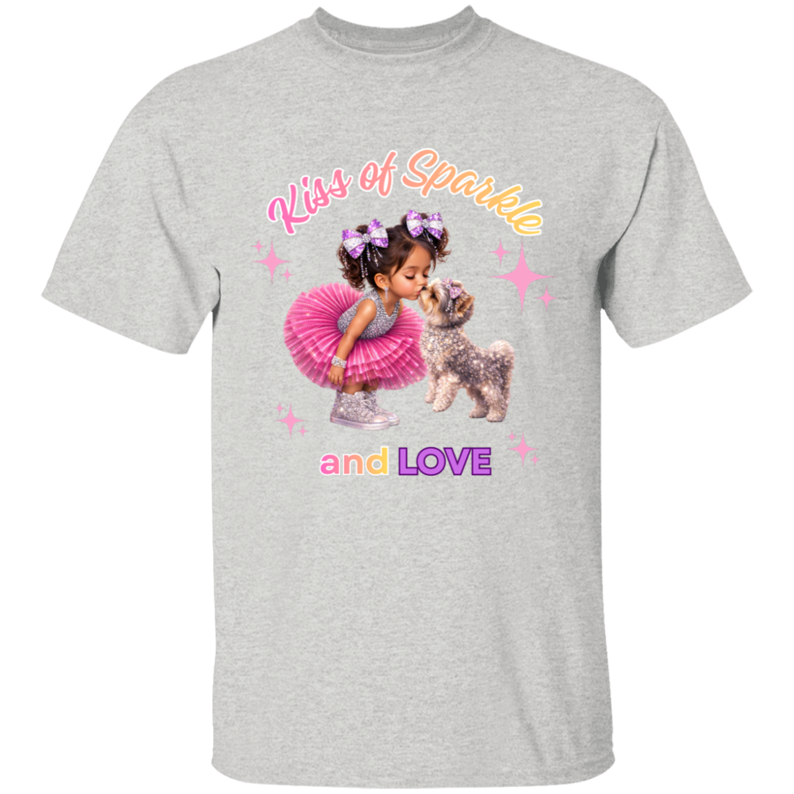 Ash color t-shirt 'Kiss of Sparkle and Love' design featuring an adorable little girl sharing a sweet kiss with her precious puppy companion, surrounded by shimmering stars and dressed in playful pink and purple hues on a transparent background