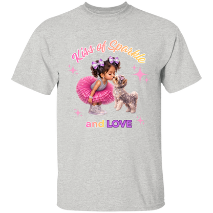 Ash color t-shirt 'Kiss of Sparkle and Love' design featuring an adorable little girl sharing a sweet kiss with her precious puppy companion, surrounded by shimmering stars and dressed in playful pink and purple hues on a transparent background