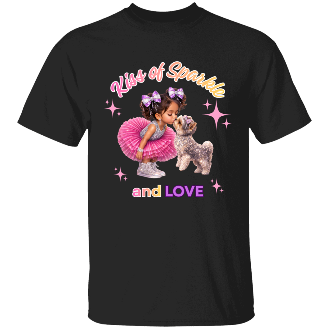 Black t-shirt 'Kiss of Sparkle and Love' design featuring an adorable little girl sharing a sweet kiss with her precious puppy companion, surrounded by shimmering stars and dressed in playful pink and purple hues on a transparent background