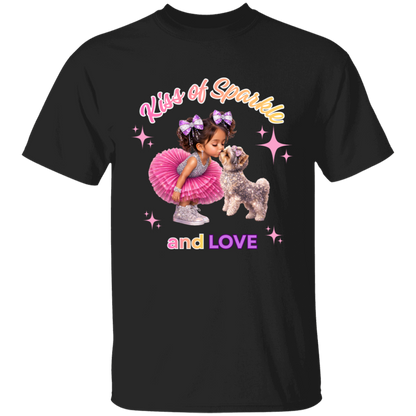 Black t-shirt 'Kiss of Sparkle and Love' design featuring an adorable little girl sharing a sweet kiss with her precious puppy companion, surrounded by shimmering stars and dressed in playful pink and purple hues on a transparent background